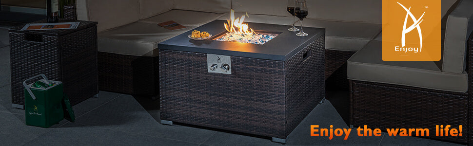 32 Inch Outdoor Low Profile Fire Table, 50,000 BTU Fire Table with Brown Wicker, Painted Steel Tabletop  main screen