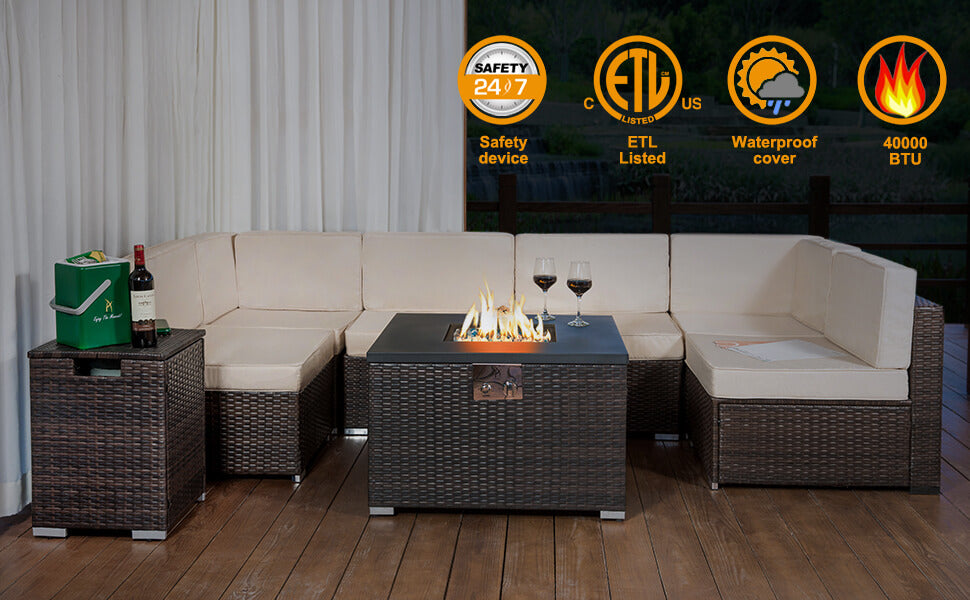 32 Inch Outdoor Low Profile Fire Table, 50,000 BTU Fire Table with Brown Wicker, Painted Steel Tabletop Other Detail