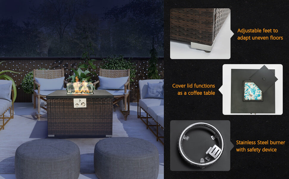 32 Inch Outdoor Low Profile Fire Table, 50,000 BTU Fire Table with Brown Wicker, Painted Steel Tabletop Product Detail