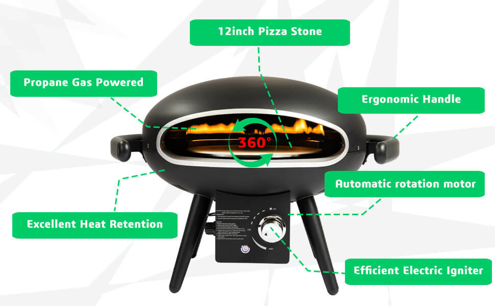 Rapid-Preheat 12inches Gas Pizza Oven with Auto-Rotation Outdoor Cooking Perfection Include Items