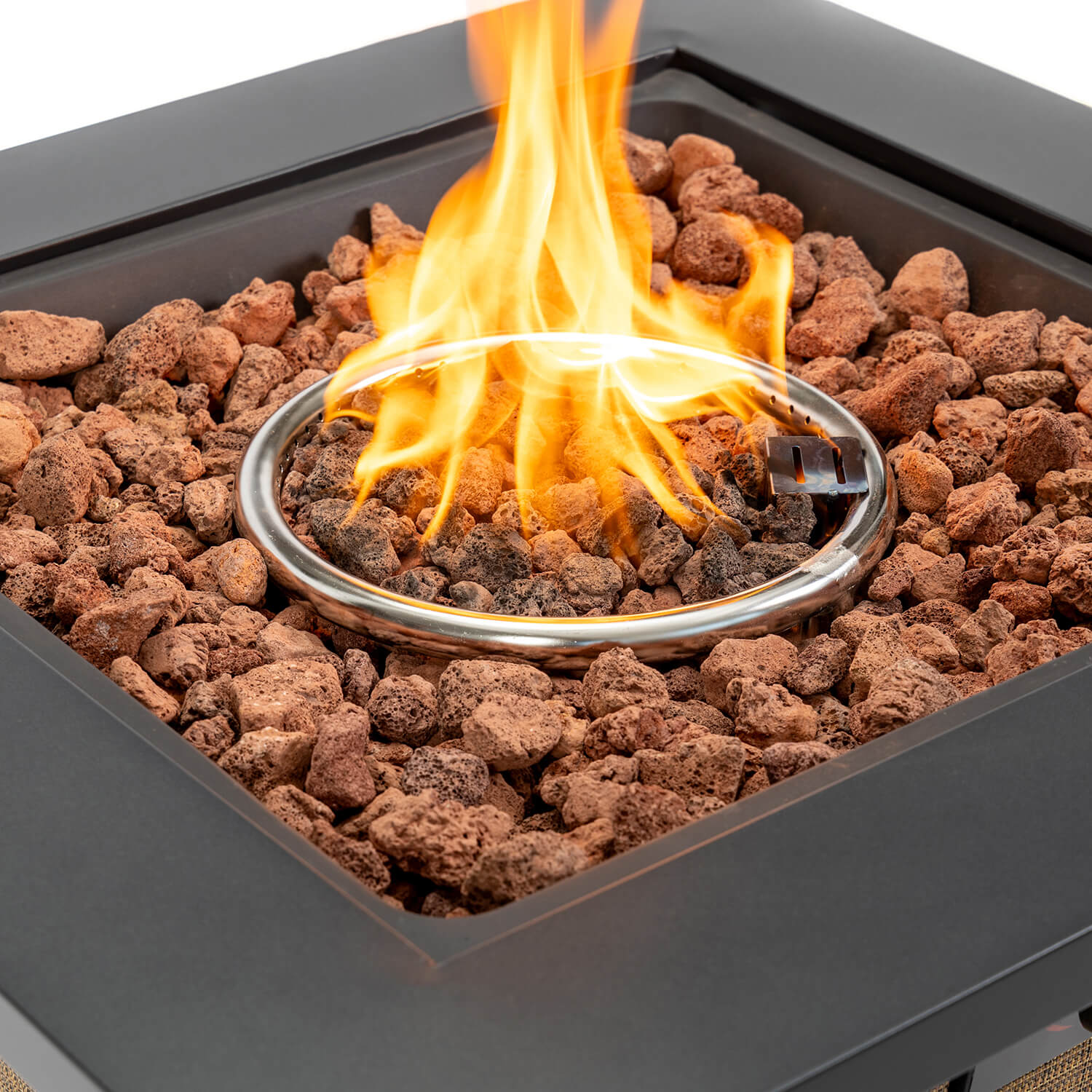 28 inch Outdoor Propane Or Natural Gas Fire Pit Table with Painted Steel Tabletop, Lava Rocks, Stainless Steel Lid, Brown