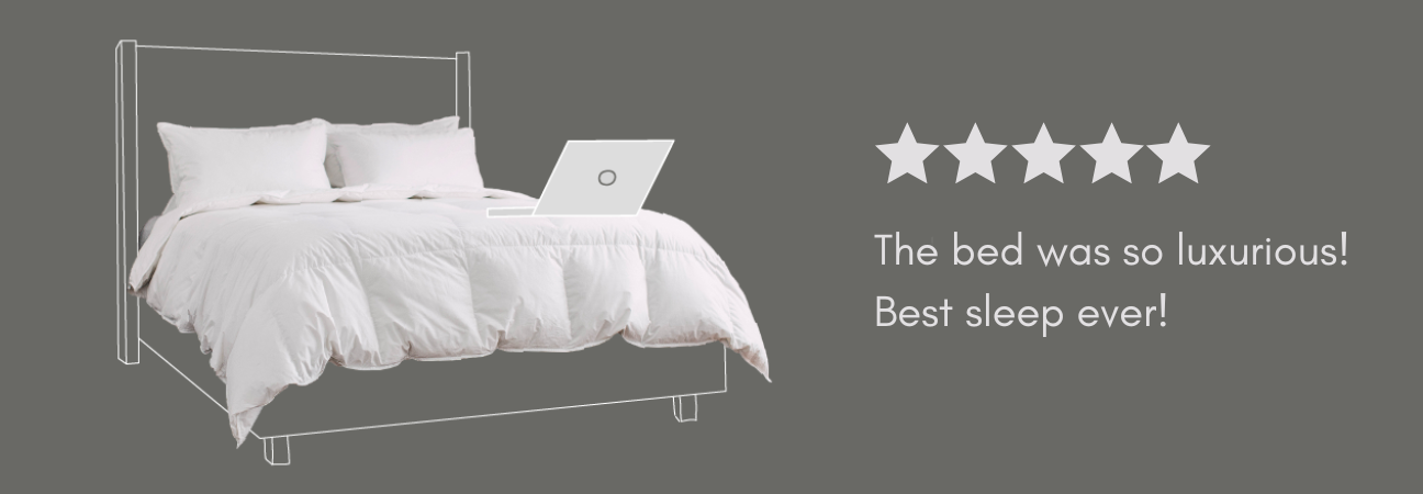 Bed with laptop on it and 5 star review that says 'Bed was so luxurious! Best sleep ever!'