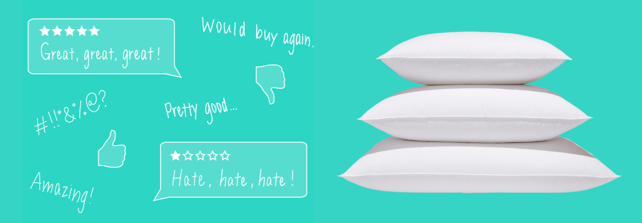 stack of pillows with reviews negative and positive reviews