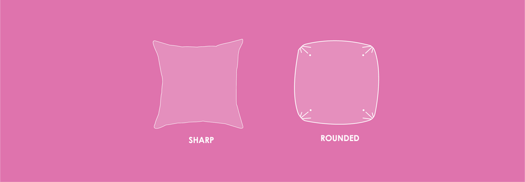 a cushion with sharp corners and a cushion with rounded corners on a pink background