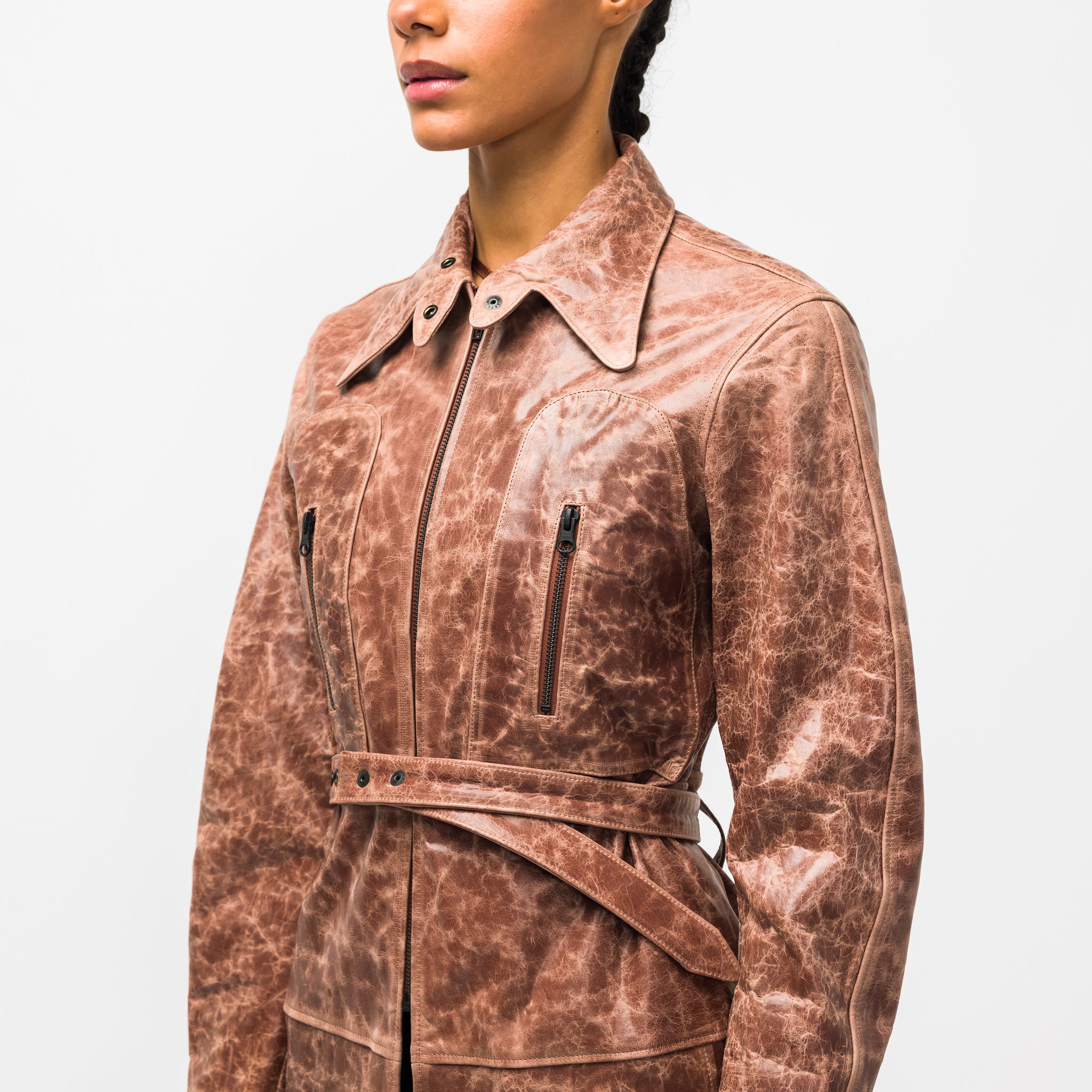 Hellz Crackled Leather Coat in Nude Lilac