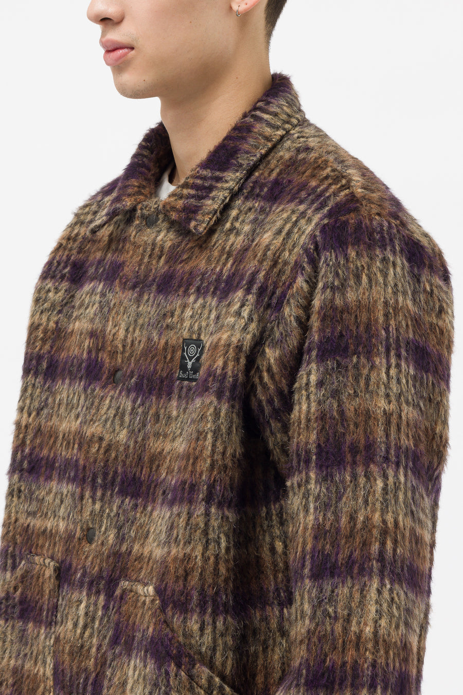 South2 West8 - Men's Shaggy Plaid Coach Jacket in Brown/Purple - Notre