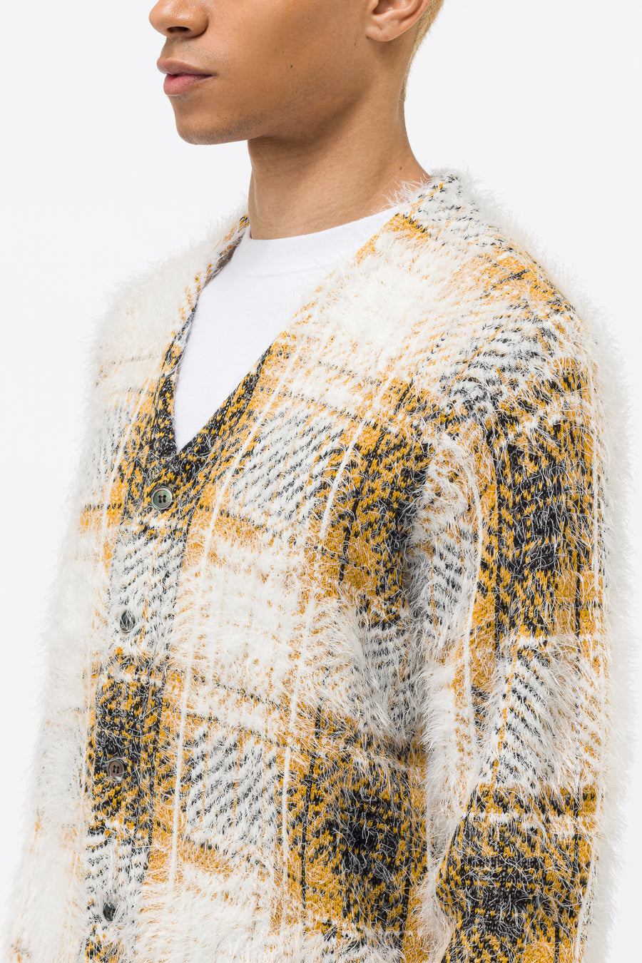 Hairy Plaid Cardigan in Gold