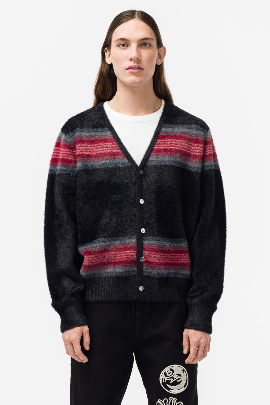 22FW STUSSY STRIPE SHAGGY CARDIGAN BLACK studioarabiya.com