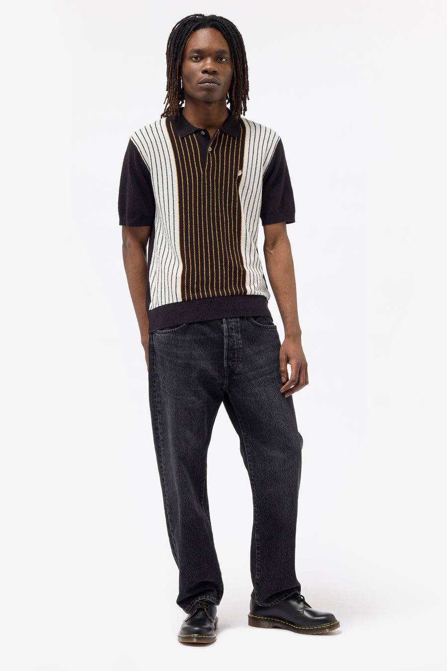 Textured SS Polo Sweater in Black/Stripe