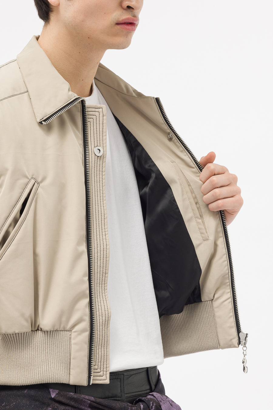 Restrained Arms Bomber Jacket in Beige