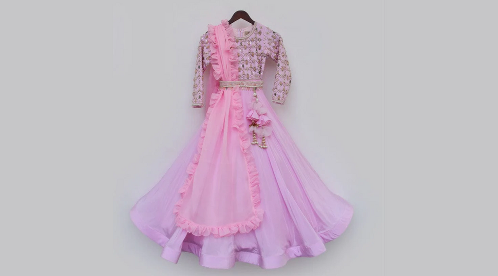 Pink Crape Anarkali with Organza Dupatta for Girls