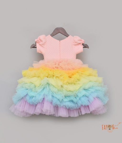 Fayon Kids Baby Pink Quilted Lycra Gown with Multi Colours Net Frills for Girls