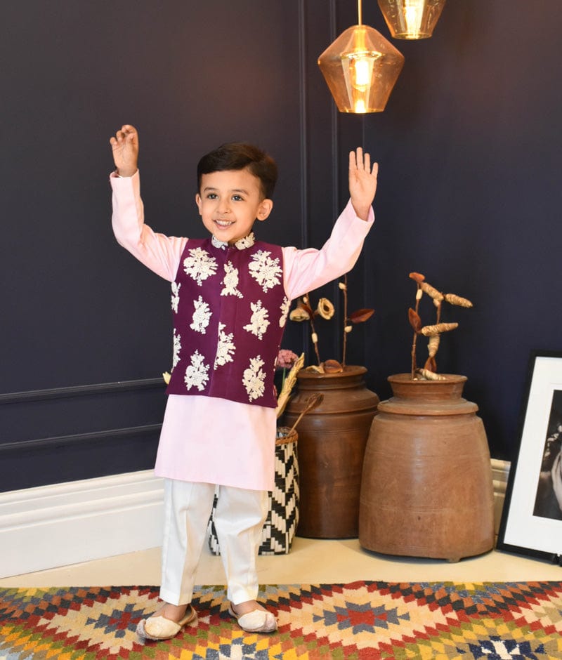 Buy Peach Gotta Embroidery Nehru Jacket set for Boys Online