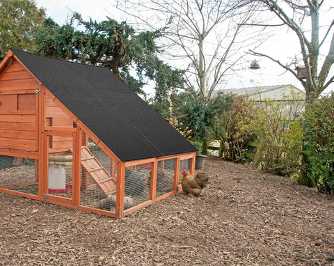 a chicken coop with Shade cloth roofing