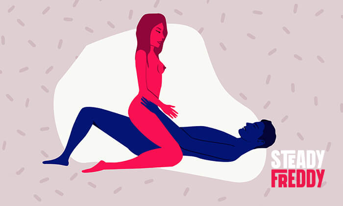  Modified Cowgirl sex position, the man is lying flat and she straddles on top of his body with one leg on either side of his hips.