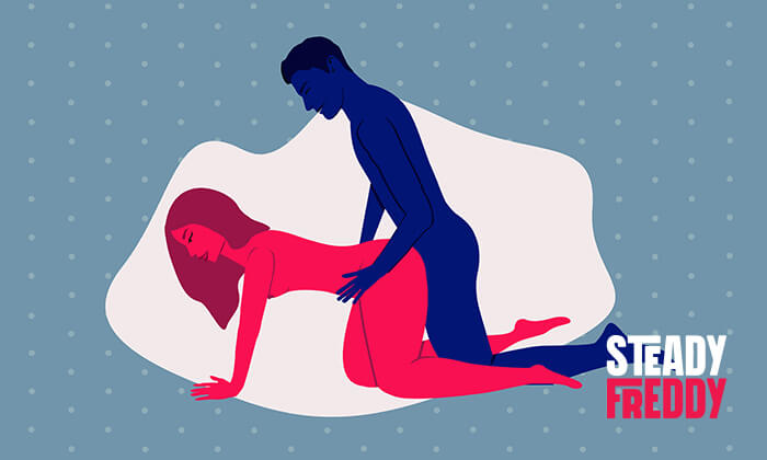 Traditional doggy styles sex position with a woman on all fours with a man kneeling between her legs behind her.
