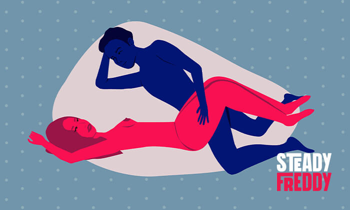 The Cross sex position creates the letter 'X' shape with his and her body. His is lying on his side and she's lying on her back perpendicular to him with both legs draped over his pelvis.