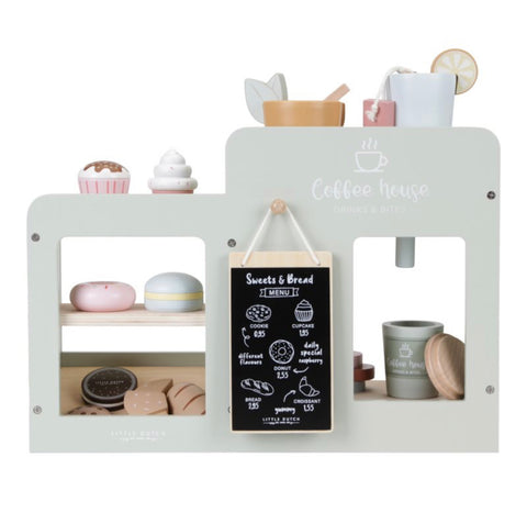 The Little Dutch Coffee Corner comes with lots of accessories inlcluding cakes, pastries, biscuits, tea and coffee and a little blackboard menu to choose from