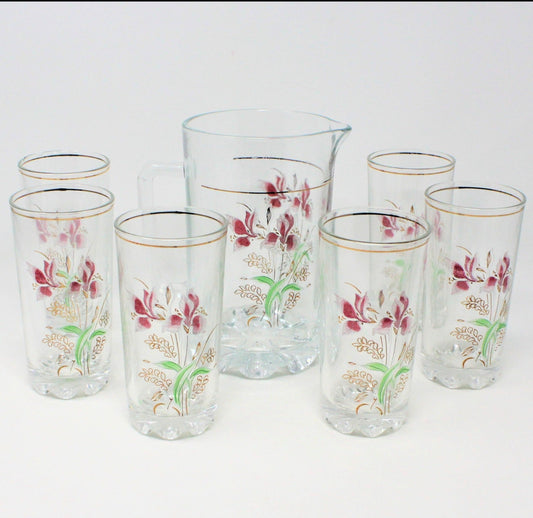 Vintage 7 Pc FROSTED GLASS PITCHER SET GLASSES Hand Painted Flowers Birds  Hearts