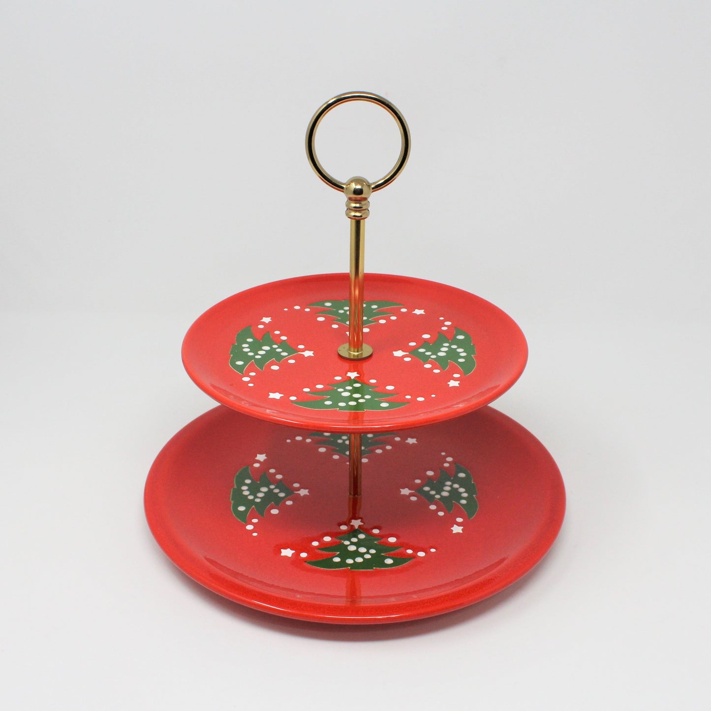 1980's Two Tier Serving Tray by Waechtersbach.  Red with Green Christmas Trees and Gold Tone Metal Handle