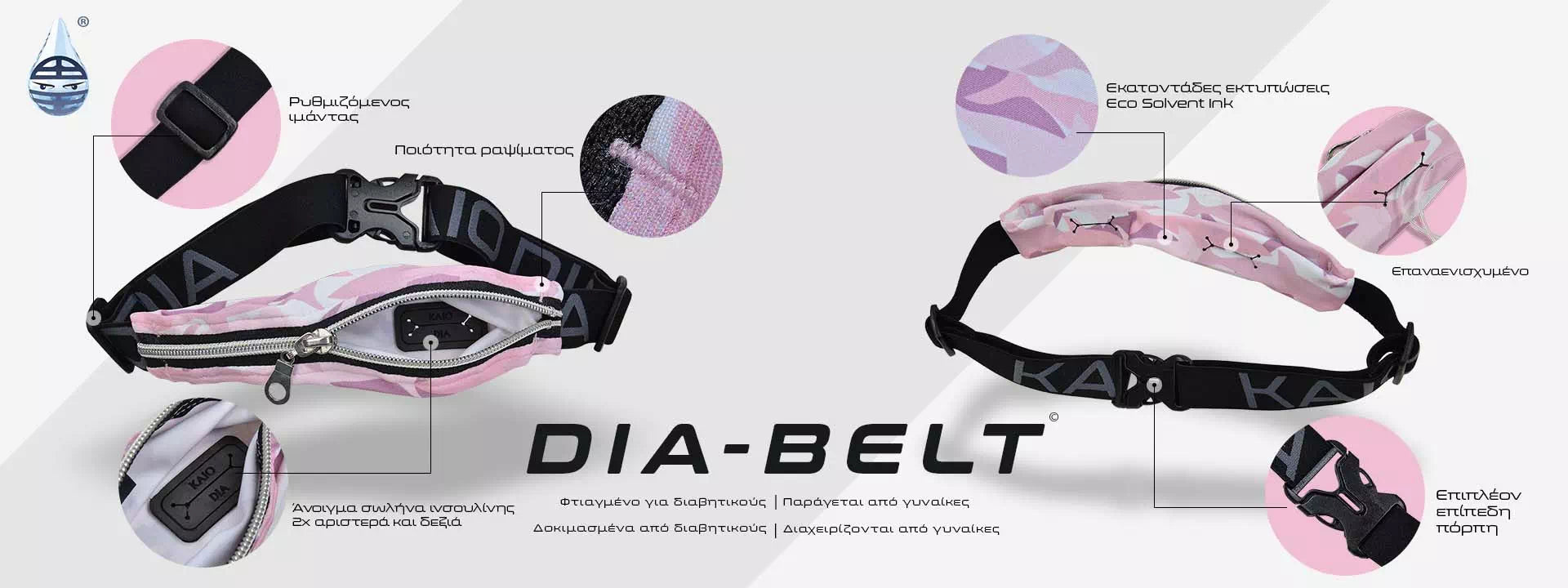 Pink camo-patterned insulin pump belt, Dia-Belt, featuring an adjustable strap, reinforced stitching, eco-friendly prints, extra flat buckle, and dual insulin tube openings, designed for secure and stylish pump storage.