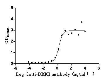 Immobilized Human DKK1 at 2 μg/mL can bind Anti-DKK1 recombinant antibody, the EC50 is 1.283-2.544 ng/mL.