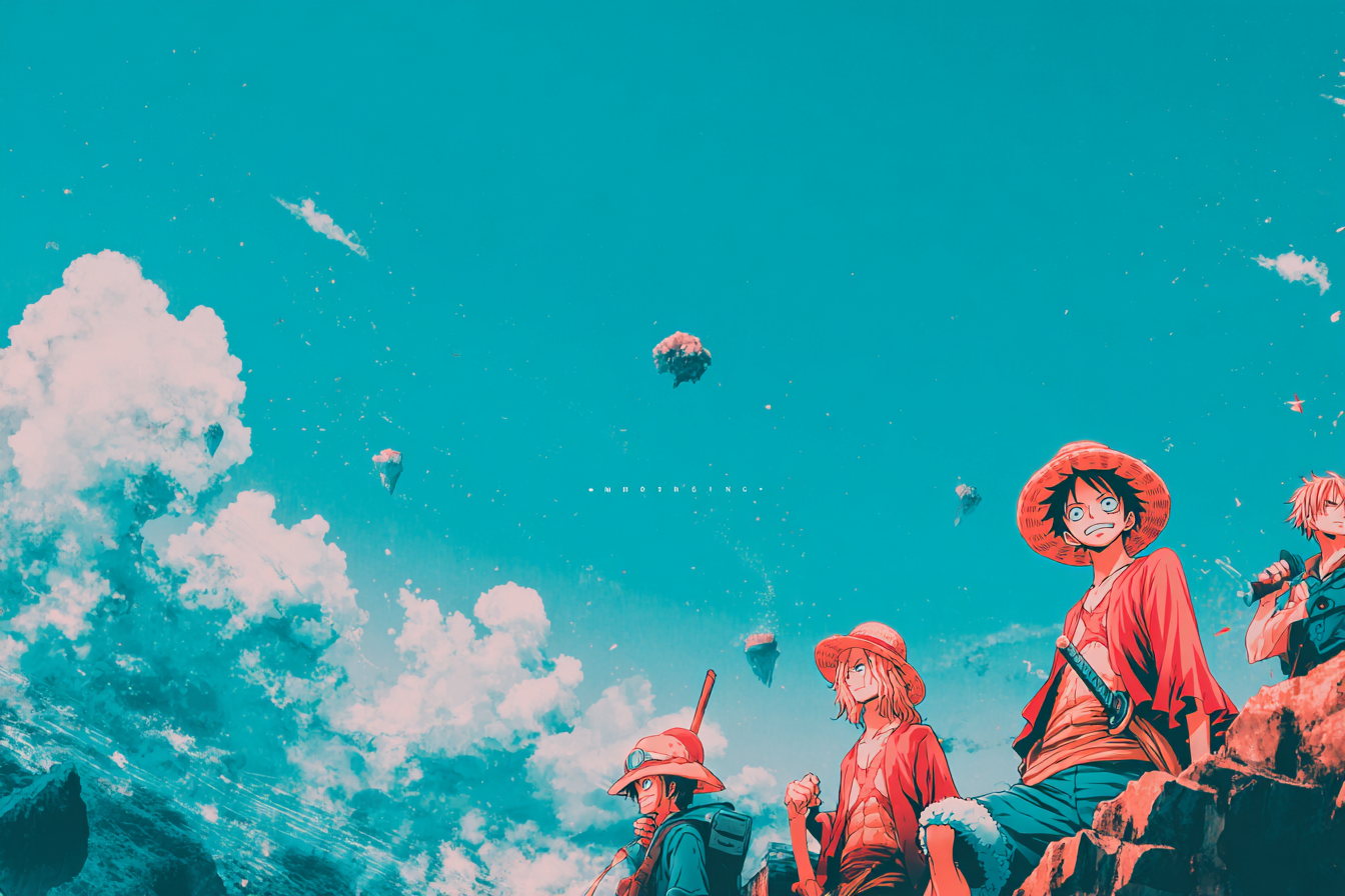 Anime-style pirate crew looking over an ocean map, inspired by the world of One Piece