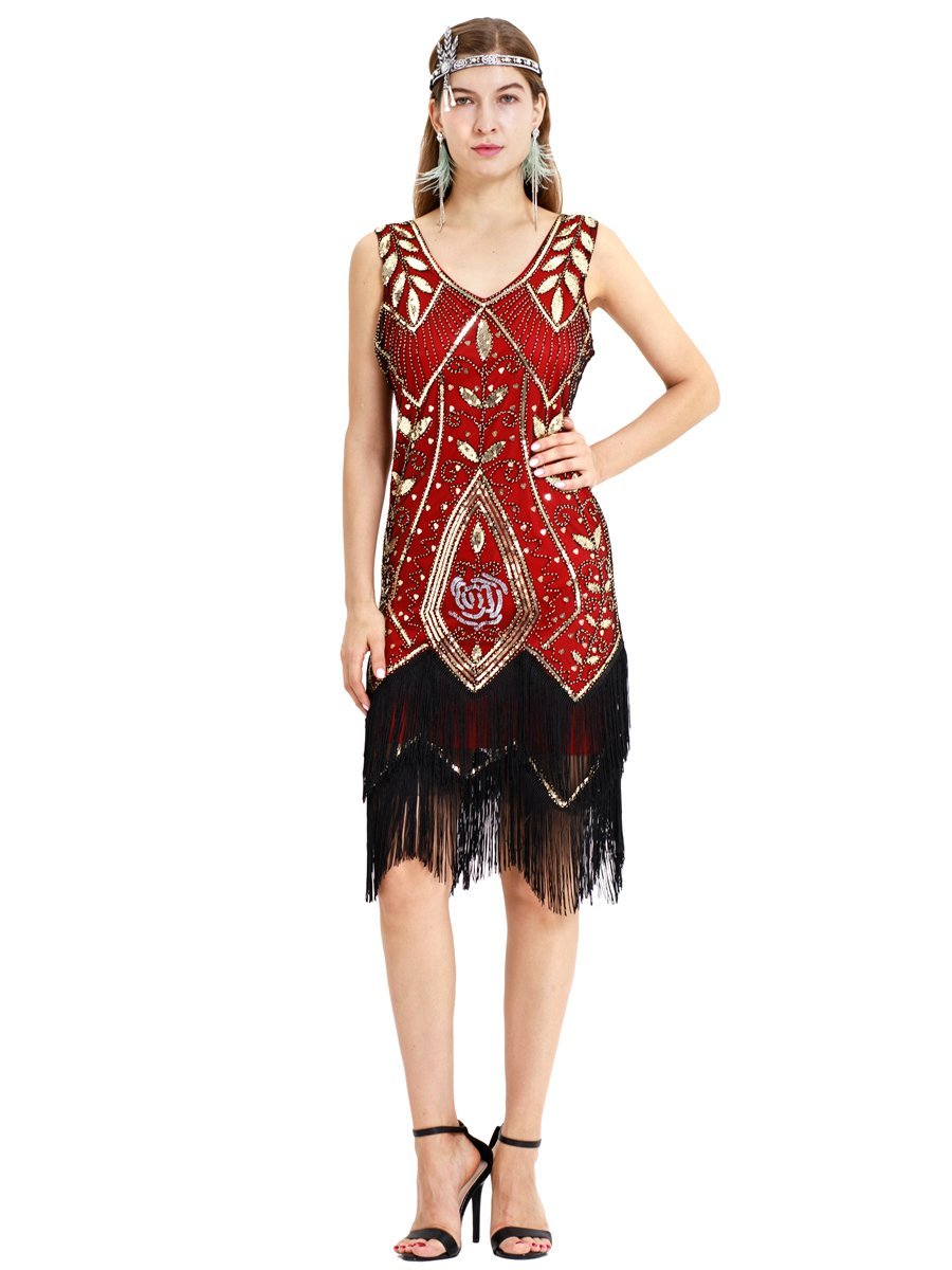 1920s Gatsby Sequined Embellished Fringed Paisley Flapper Dress