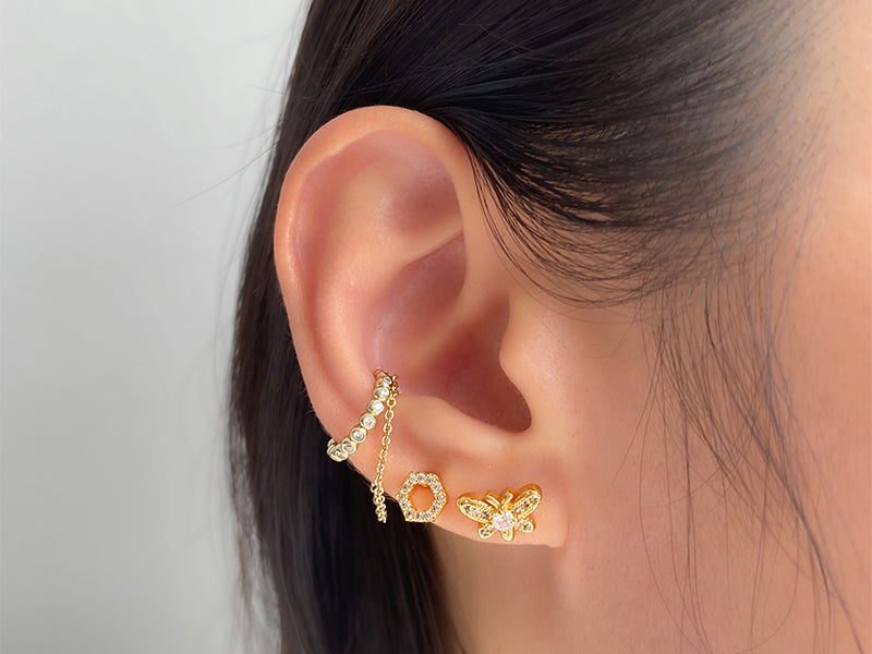 Gold Ear Cuff with Triple Ball Chain Stud Earring