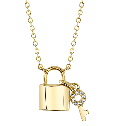 14K Yellow Gold Diamond Lock & Key Necklace - 14YG / .21ct