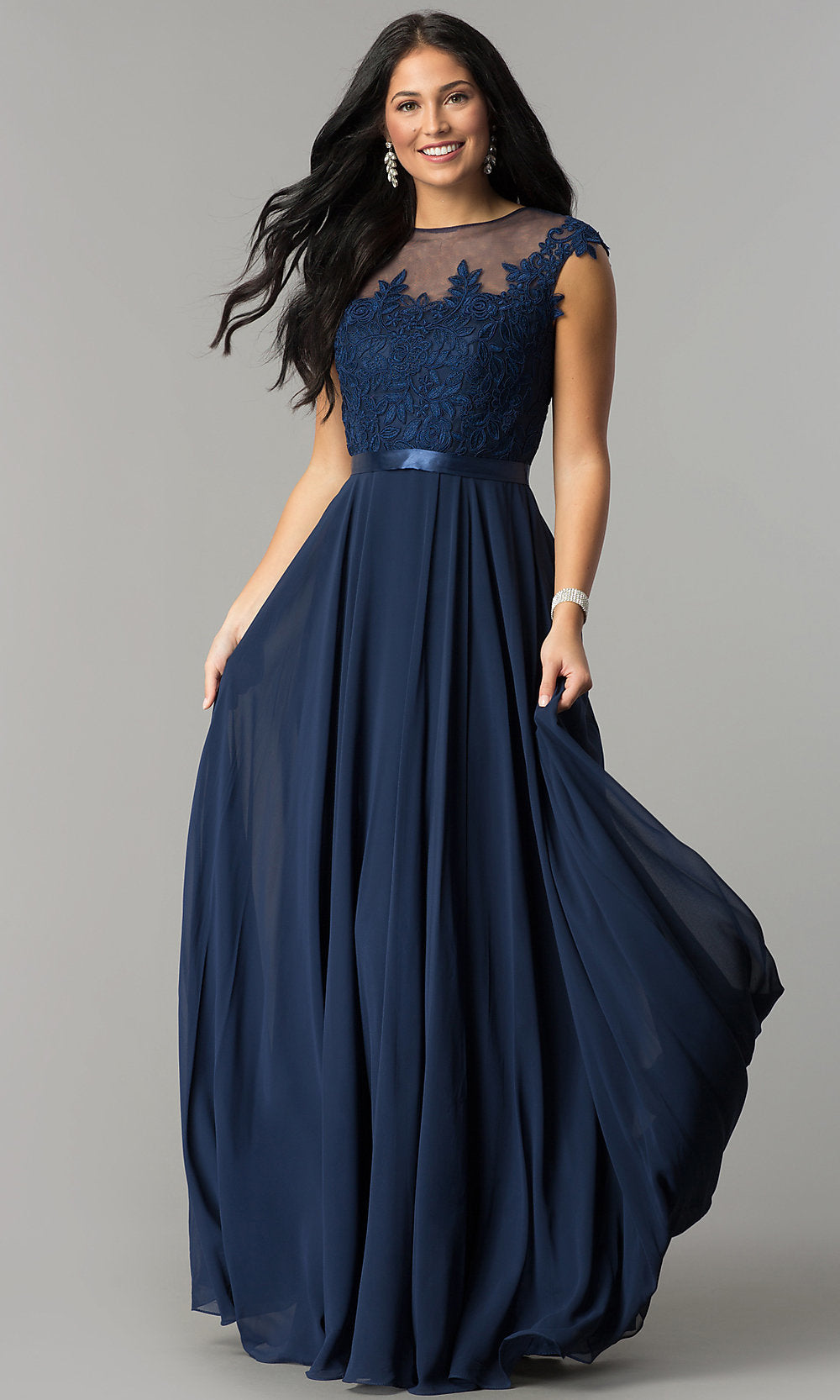 Image of long embroidered-bodice cap-sleeve chiffon prom dress.