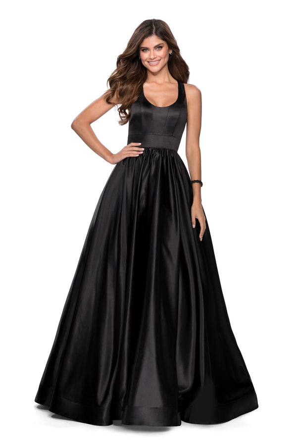 Long Open-Back Satin A-Line Formal Dress