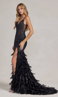 Long Sequin Formal Gown with Feather Skirt