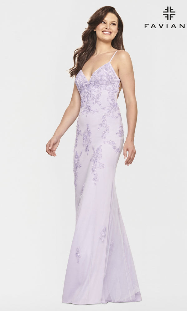 Faviana Open-Back Long Prom Gown in Light Pink