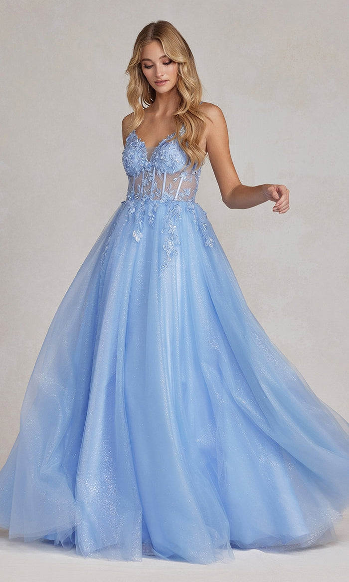 Sheer-Corset Long Blue Formal Dress with Puff Sleeves Blue / 4