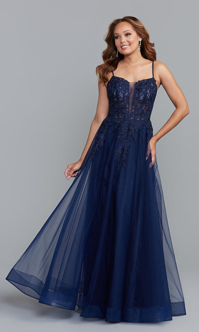 Off-Shoulder Long Blue Prom Dress with Sheer Bodice