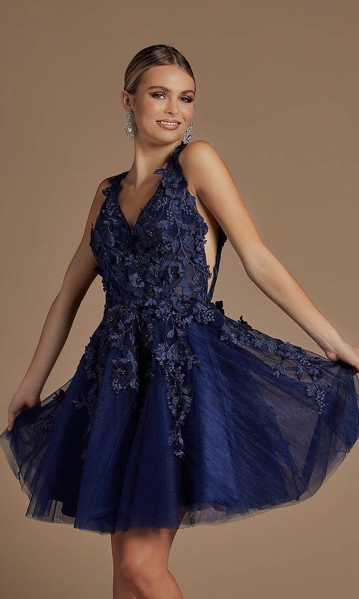 Navy Blue Sleeveless Short Homecoming Dress,Prom Dress with Rhinestones –  Simibridaldresses