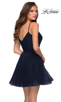 La Femme-Short Navy Blue Homecoming Dress with Rhinestones