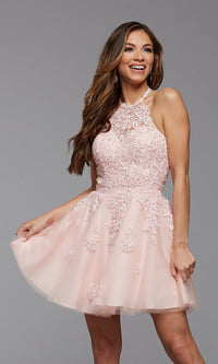 Corset-Back High-Neck Short Prom Dress with Halter