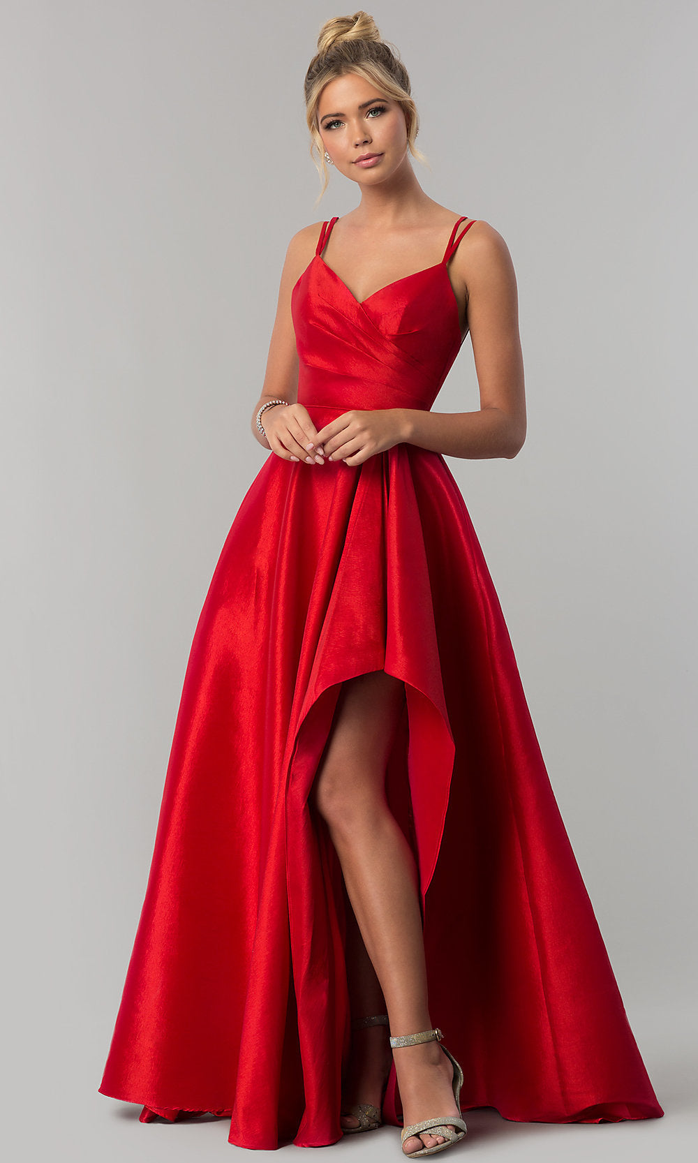 Red High-Low Side-Slit Long Taffeta Wedding-Guest Dress