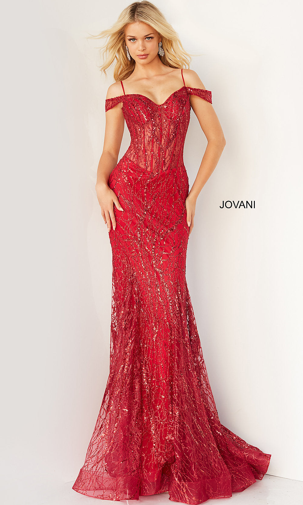 Jovani ColdShoulder Long Mermaid Prom Dress in Red