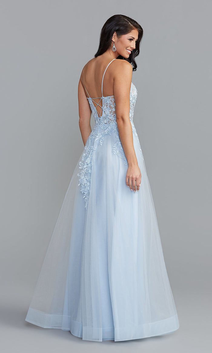 Off-Shoulder Long Blue Prom Dress with Sheer Bodice