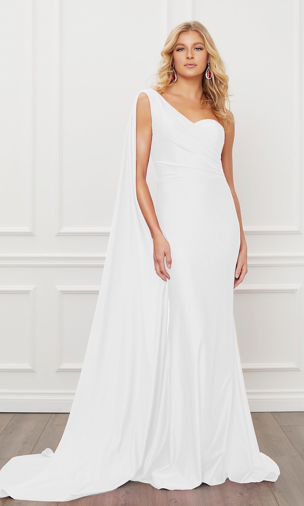 White One-Shoulder Draped Formal Gown with