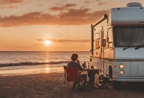 A man sitting and facing the sunset beside a RV