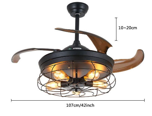 Ventilateur de plafond rétro en métal avec 4 lames rétractables avec lumière et télécommande - Pales modernes silencieuses et petites - 108 cm