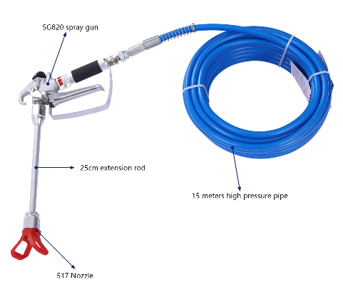 Pistolet à peinture sans air et kit de tuyau avec rallonge de 9,84 pouces, incluant une protection de l'embout 3300 PSI