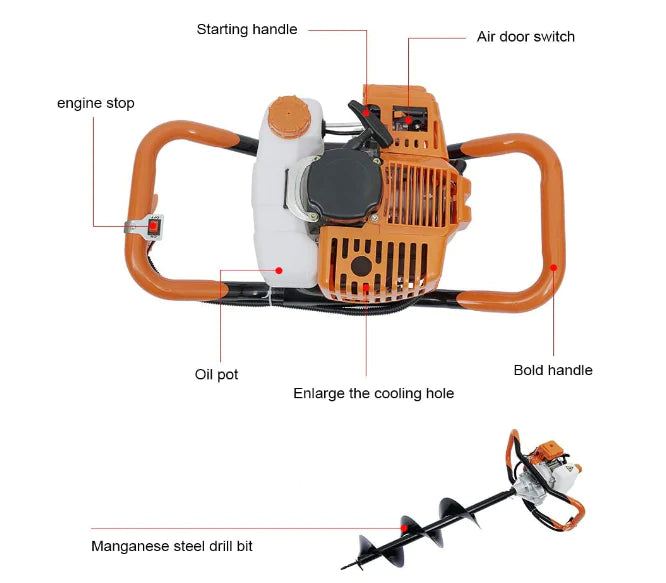 Perceuse à Essence 52 CC avec Moteur à 2 Temps, 3 Goujons de 10,2 cm / 15,2 cm