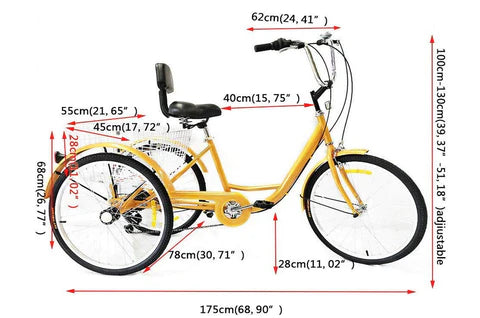 24" 6 vitesses Tricycle adulte 3 roues Vélo de course+avec panier Jaune (sans lumière)