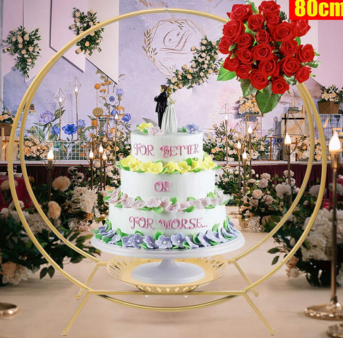 Arche de mariage à 2 anneaux avec support à gâteau - En fer forgé - Accessoires décoratifs - Diamètre : 80 cm