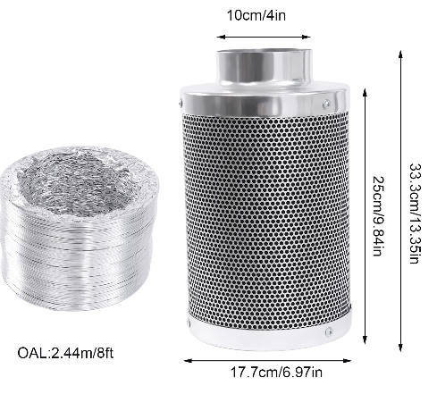 Kit de ventilateur tubulaire, filtre à charbon actif, ventilateur réglable et filtre à charbon actif, ventilateur intégré avec contrôleur de vitesse (4")